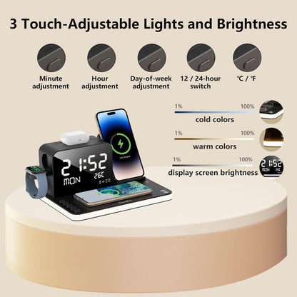 7 in 1 Wireless Charging Station, Fast Charger Station with Dual Phone, Bluetooth TimeSync, Temperature, Touch Night Light,33W Adapter for Phone 16/15/14/13/12 All Series & iWatch