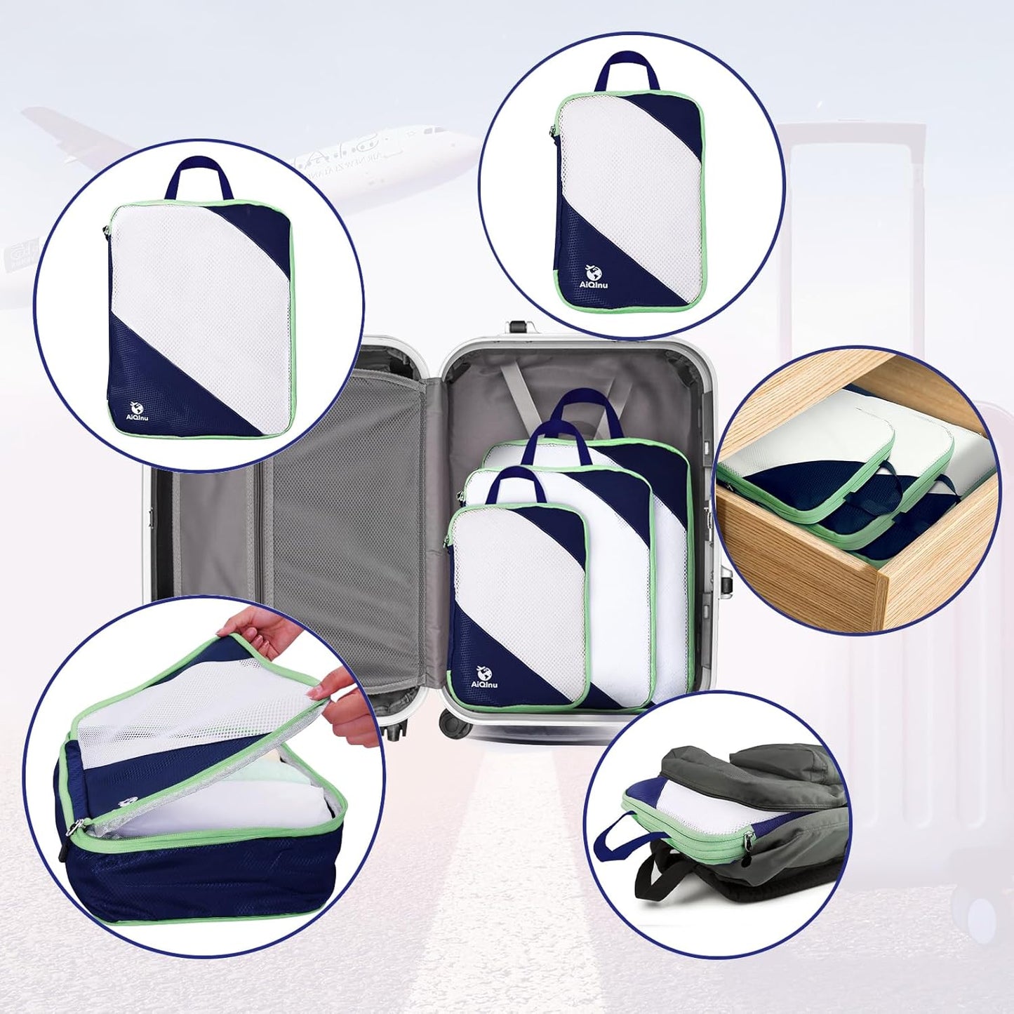 AiQInu 3 Piece Set Expandable Expandable Compression Packing Cube for Clothes, Shoes, Underwear Travel Set for Backpacks or Hand Luggage (Dark Blue)