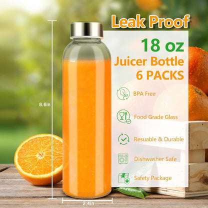 Zukro 18 oz Glass Juice Bottles with Lids for Juicing, Reusable Clear Glass Water Bottles with Stainless Steel Airtight Cap for Refrigerator, 100% Leak Proof, Dishwasher Safe, BPA Free, Pack of 6