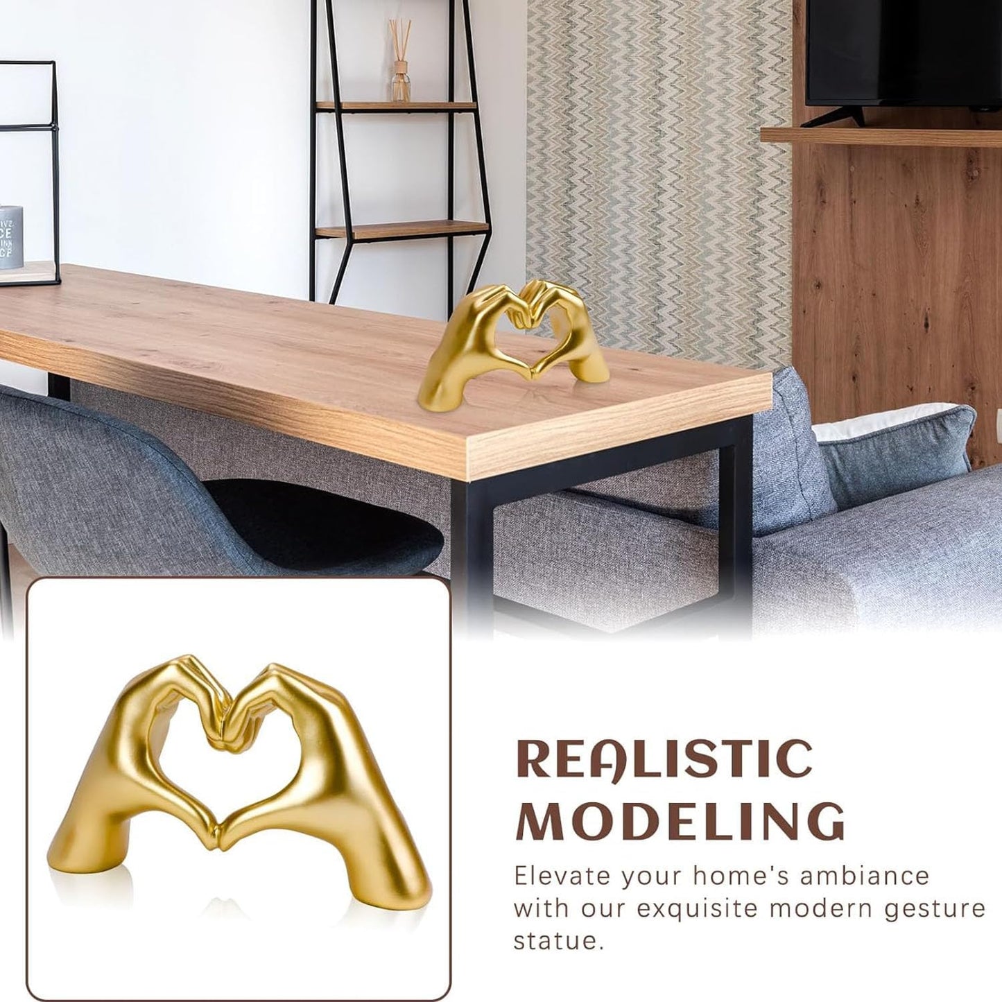 Gold Heart Hands Sculpture Gesture Decoration,Love Finger Sculpture Wedding Decoration, Small Ornament in Coffee Table, Office and Bedroom Home Decoration, Modern Art Aesthetic Sculpture (Gold)