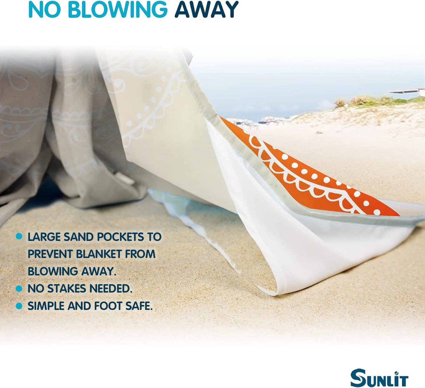 Sunlit 10'x9' Extra Large Boho Sand Proof Beach Blanket, Sand Proof Mat with Corner Pockets and Mesh Bag for Beach Party, Travel, Camping and Outdoor Music Festival, Light Orange and Sky Blue Mandala