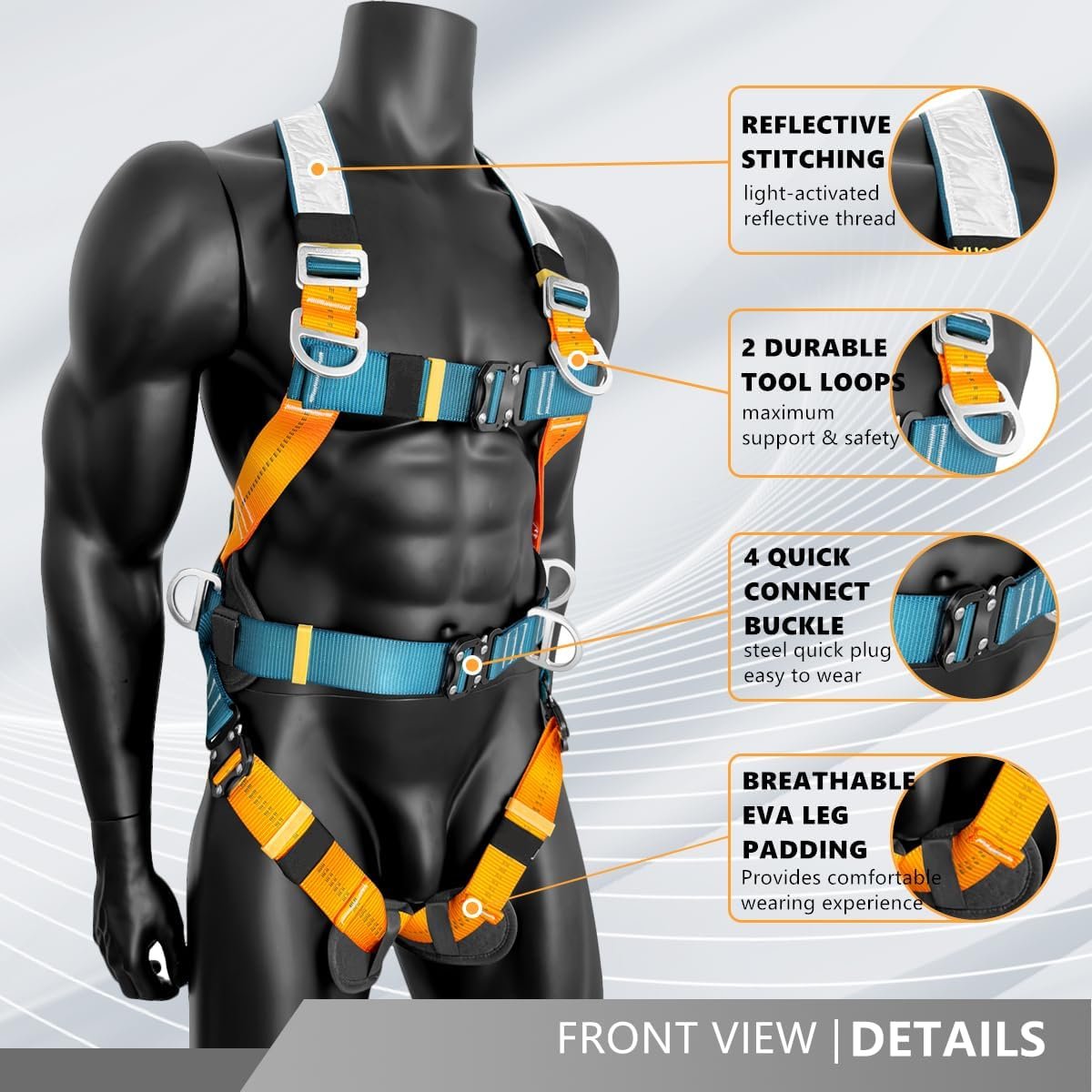 Fall Protection Full-Body Safety Harness, Vented & Padded Shoulder, Legs & Back