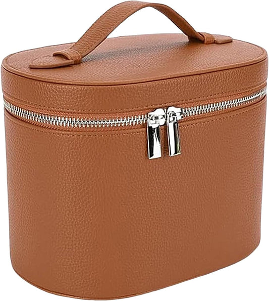 Pu Leather Cosmetic Bag, Waterproof Travel Makeup Organizer, Zipper Vanity Pouch Tote, 24x14x16cm for Jewelry Toiletries Girls Train Car Beach Bathroom Use Construction to Protect