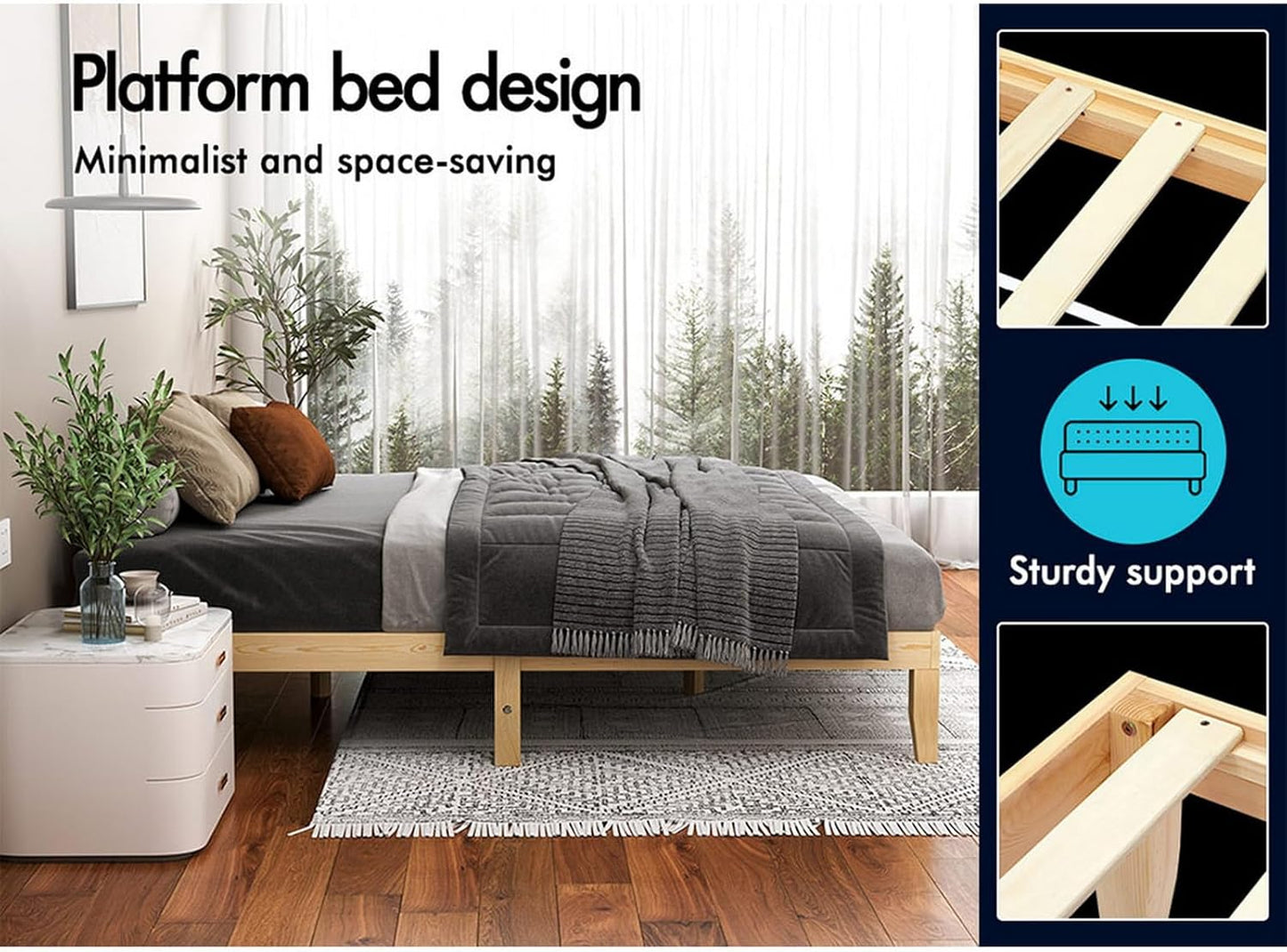 ALFORDSON Queen Bed Frame Wooden Bed Base with Solid Wood Pine Timber Slats, Oak Bed Foundation Mattress Base Platform with Storage Space, Pramod Series Bedroom Furniture