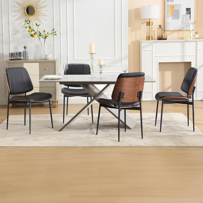 BERYTH Dining Chairs Set of 2, Mid Century Walnut Armless Dining Kitchen Chairs with Metal Legs, PU Leather Bentwood Side Chairs for Dining Room, Kitchen Room, Cafeteria, and Living Room(Black)