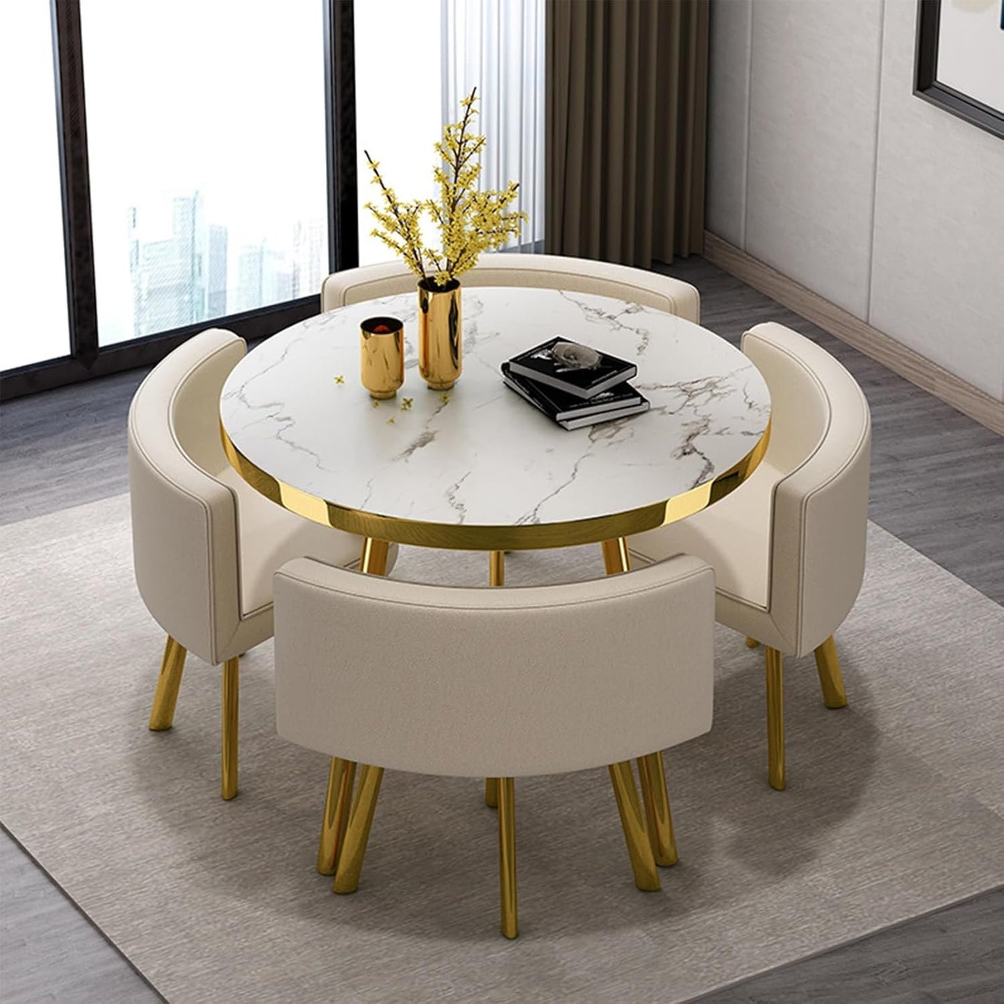 Dining Table and Chair Set,Round Kitchen Desk Set with Faux Marble Tabletop＆Upholstered Chairs, Modern Reception Conference Table&Chair Combination for Living Room Dining Room(80cm/31.5inch, C)