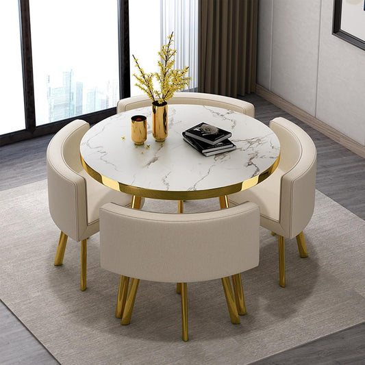 Dining Table and Chair Set,Round Kitchen Desk Set with Faux Marble Tabletop＆Upholstered Chairs, Modern Reception Conference Table&Chair Combination for Living Room Dining Room(80cm/31.5inch, C)