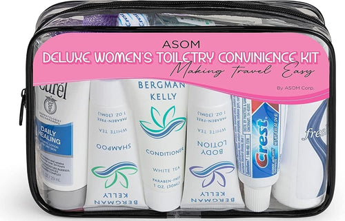 Asom Travel Toiletries Convenience Kit, Personal Care Toiletry Wellness Accessory Hygiene Essentials Set, Clear TSA Approved Traveling Unisex Toiletry Accessories Kits, 36 Pc., Clear, Handheld, Women Toiletries Convenience Kit