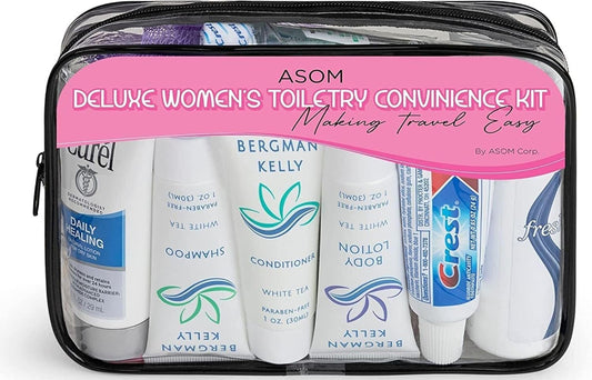 Asom Travel Toiletries Convenience Kit, Personal Care Toiletry Wellness Accessory Hygiene Essentials Set, Clear TSA Approved Traveling Unisex Toiletry Accessories Kits, 36 Pc., Clear, Handheld, Women Toiletries Convenience Kit