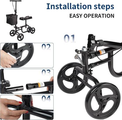 CloudHand Foldable Lightweight Knee Walker, Portable Knee Scooter featuring Basket, Adjustable Steering, and Brake System, Better Alternative to Crutches, Black