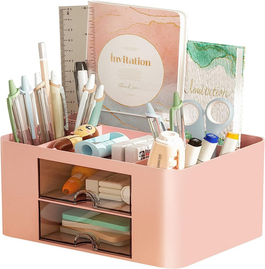 AUMA Desk Organizer with Drawer, Multi-Functional Pencil Holder for Desk, Desk Organisers and Accessories with 5 Compartments + 2 Drawer for Office Art Supplies(pink)