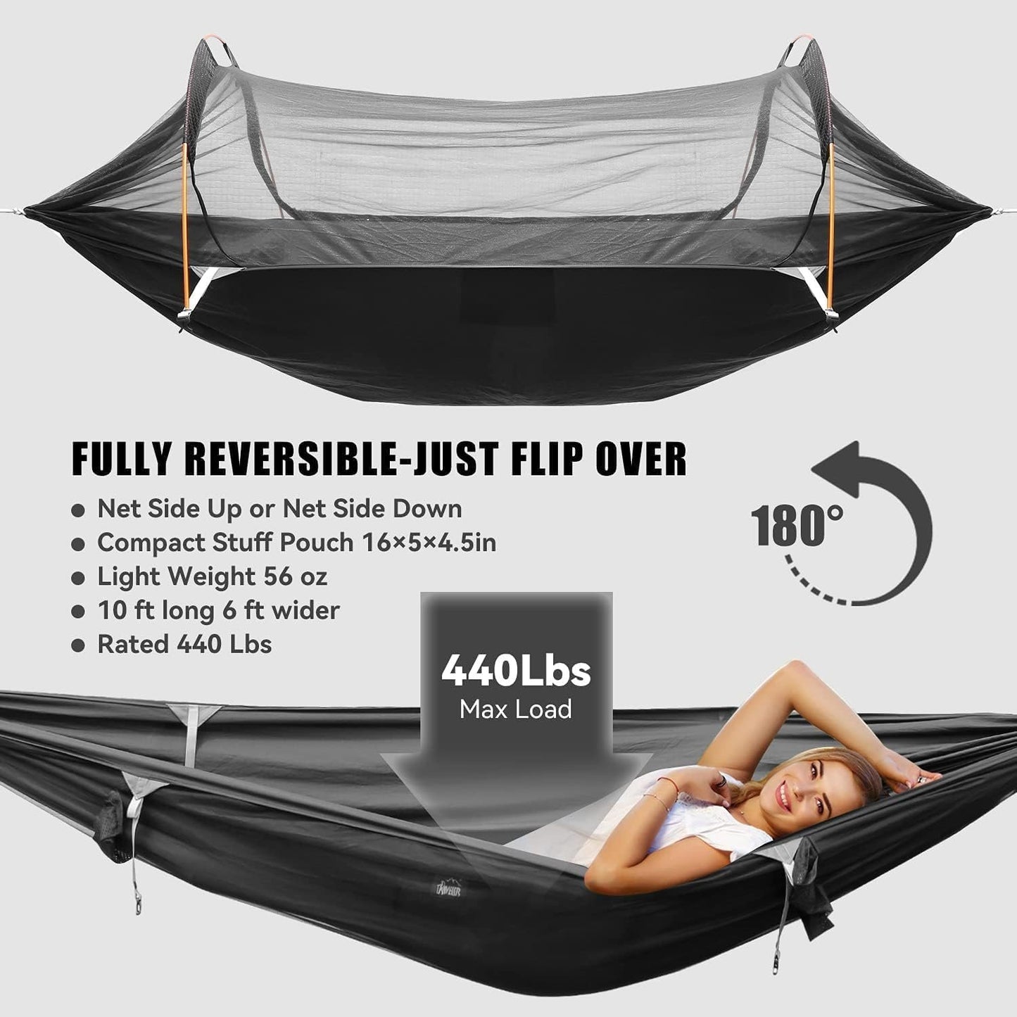 OZMSHF Hammock with Mosquito Net and RainFly Cover Camping Hammock Tent 440lbs Load,3 in 1 Waterproof Lightweight Portable Sleeping Hammock Bug Backpacker Travel Outdoor Gear with Tree Strap Swing