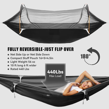 OZMSHF Hammock with Mosquito Net and RainFly Cover Camping Hammock Tent 440lbs Load,3 in 1 Waterproof Lightweight Portable Sleeping Hammock Bug Backpacker Travel Outdoor Gear with Tree Strap Swing