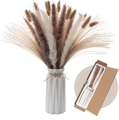 Wemk Decorative Pampas Grass with Vase Included, 44 Pieces Set of Natural White and Brown Pampas Herbs, Cane Herbs, Rabbit Tails, Decorative for Weddings, Parties, Boho Decor