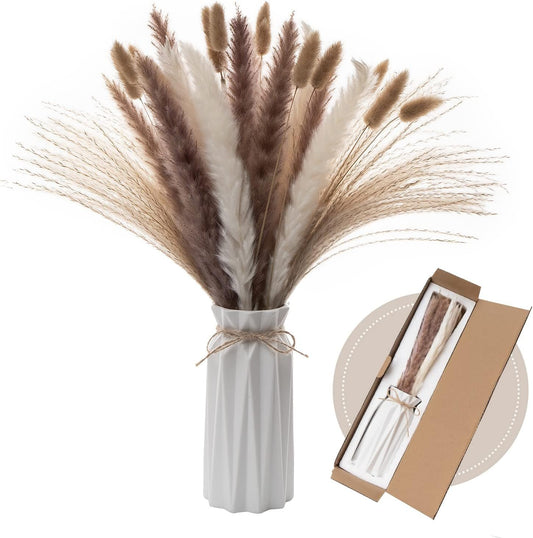 Wemk Decorative Pampas Grass with Vase Included, 44 Pieces Set of Natural White and Brown Pampas Herbs, Cane Herbs, Rabbit Tails, Decorative for Weddings, Parties, Boho Decor