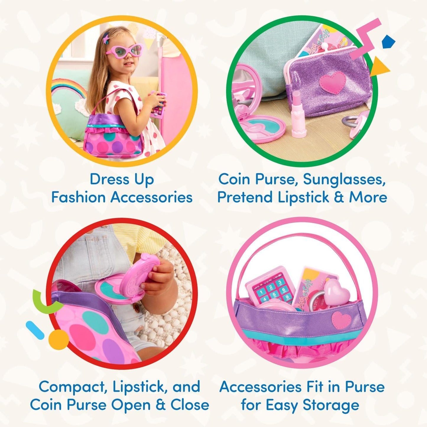 Play Circle by Battat – Princess Purse Style Set – Pretend Play Multicolor Handbag and Fashion Accessories – Toy Makeup, Keys, Lipstick, Credit Card, Phone, and More for Kids Ages 3 and Up (8 Pieces)