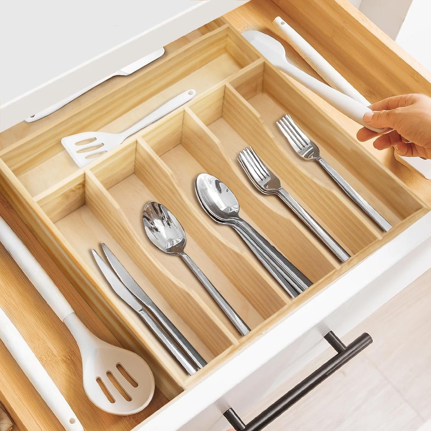 Silverware Organizer, Kitchen Drawer Organizer 13"× 17" Pine Wood Utensil Holder and Cutlery Tray with Grooved Drawer Dividers, 7 Compartment Utensil Tray Wood Caddy for Flatware Forks Spoon, Knives