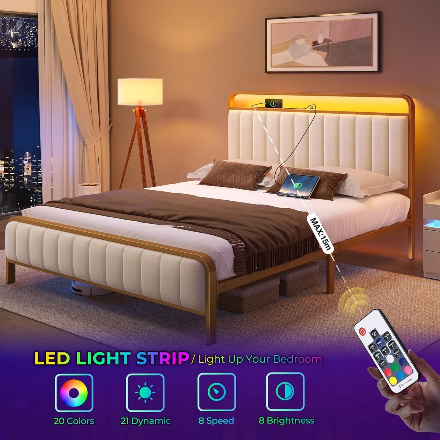 Rolanstar Bed Frame Full Size with Charging Station and LED Light, Upholstered Velvet Bed with Headboard Footboard, Heavy Duty Metal Slat, No Box Spring Need, Noise Free, Easy Assembly, Golden Color