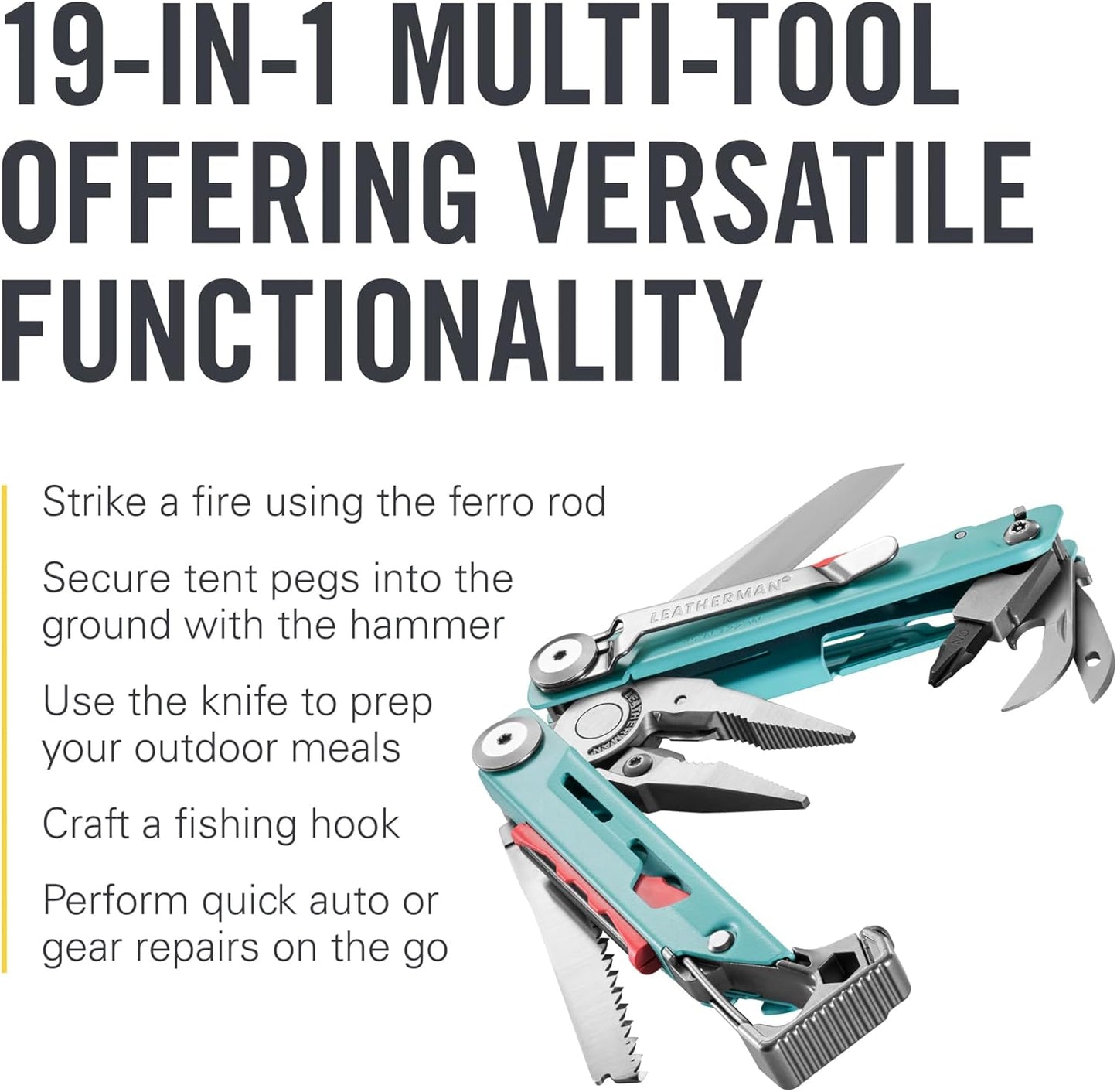 Leatherman Signal® Survival Multitool with Hammer, Whistle & 19 Tools - 4.5" Stainless Lockable Multitool with Nylon Sheath - Aqua & Silver - Ideal for Outdoor Adventures, Camping & EDC