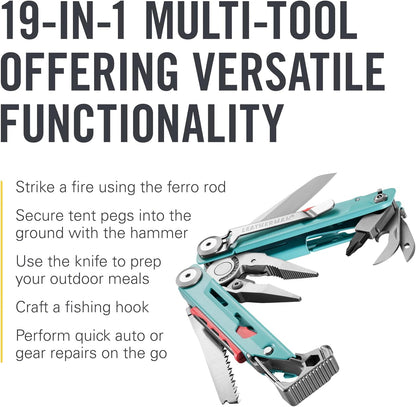 Leatherman Signal® Survival Multitool with Hammer, Whistle & 19 Tools - 4.5" Stainless Lockable Multitool with Nylon Sheath - Aqua & Silver - Ideal for Outdoor Adventures, Camping & EDC