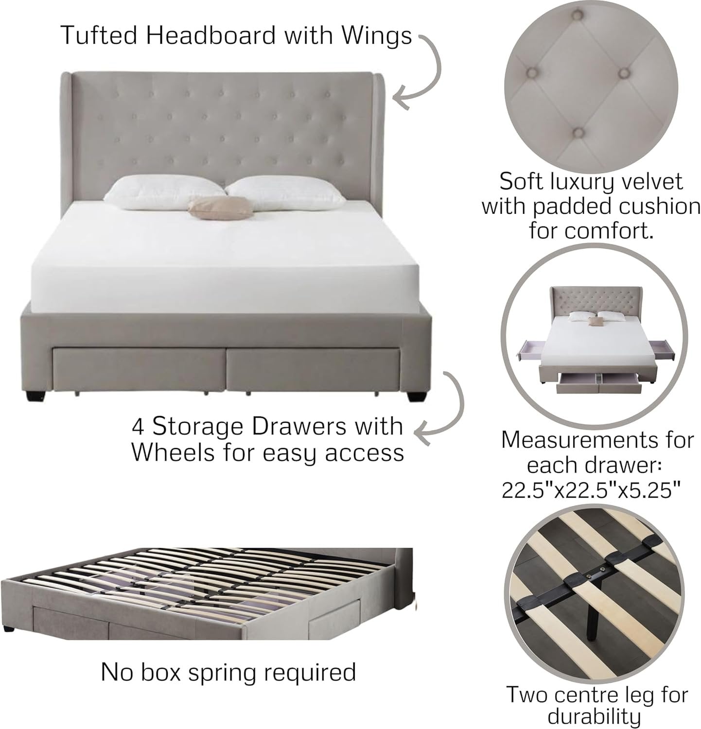 Brittany Queen Bed Frame with 4 Storage Drawers/Platform Bed/Upholstered/Tufted/No Box Spring Required/Wood Slat Support (Velvet, Light Grey)