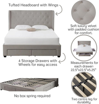 Brittany Queen Bed Frame with 4 Storage Drawers/Platform Bed/Upholstered/Tufted/No Box Spring Required/Wood Slat Support (Velvet, Light Grey)