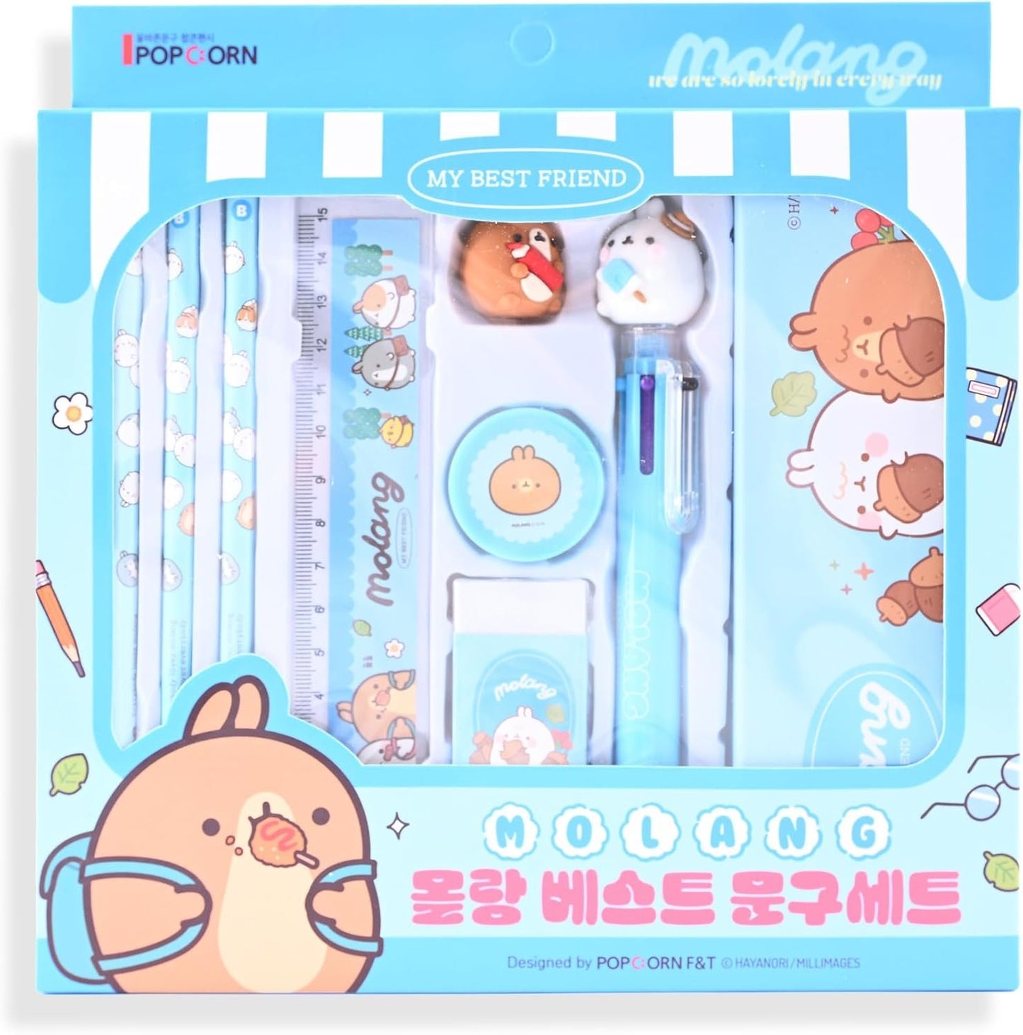 Molang Best School Stationery Set - Kawaii Korean Kit (Pencil 3pcs, Eraser, Sharpener, Case, 6-Color Ballpoint Pen, Figure, Ruler) - Complete Supplies for Students, Office, Art, Writing
