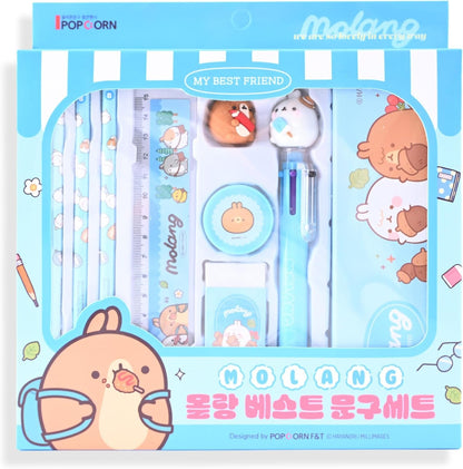Molang Best School Stationery Set - Kawaii Korean Kit (Pencil 3pcs, Eraser, Sharpener, Case, 6-Color Ballpoint Pen, Figure, Ruler) - Complete Supplies for Students, Office, Art, Writing