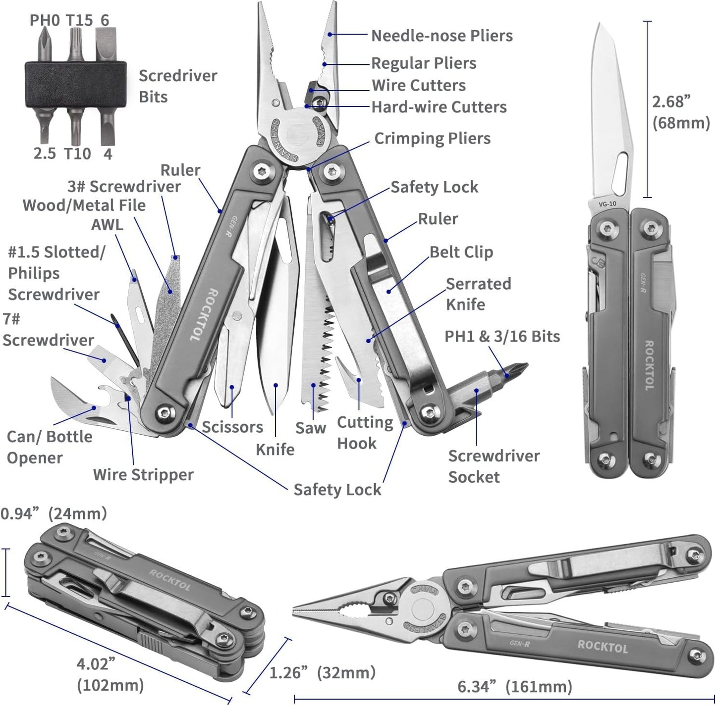 ROCKTOL Multitool Pliers, EDC Multitool Pocket Knife VG10 Blade, 27-in-1 Multi-Tool with Titanium-Plated Handle, Precision Screwdriver, Gut Hook for Hunting, Backpacking, Hiking, Camping, (Gen-R)