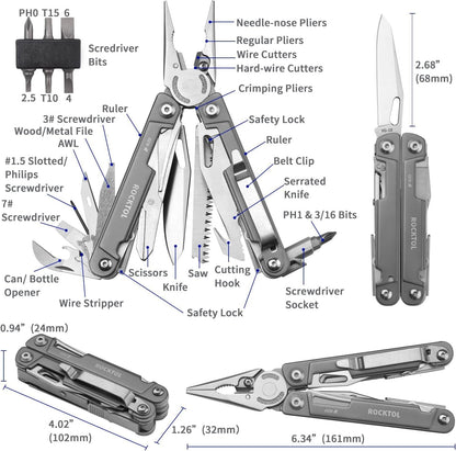 ROCKTOL Multitool Pliers, EDC Multitool Pocket Knife VG10 Blade, 27-in-1 Multi-Tool with Titanium-Plated Handle, Precision Screwdriver, Gut Hook for Hunting, Backpacking, Hiking, Camping, (Gen-R)