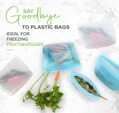 Zip Standing Reusable Silicone Food Storage Bag, Set of 6 White Stand Up Food Storage Container, Reusable Zipper seal bag, no lid required, for Food Storage& Meal Prep, Freezer Oven Dishwasher - Safe