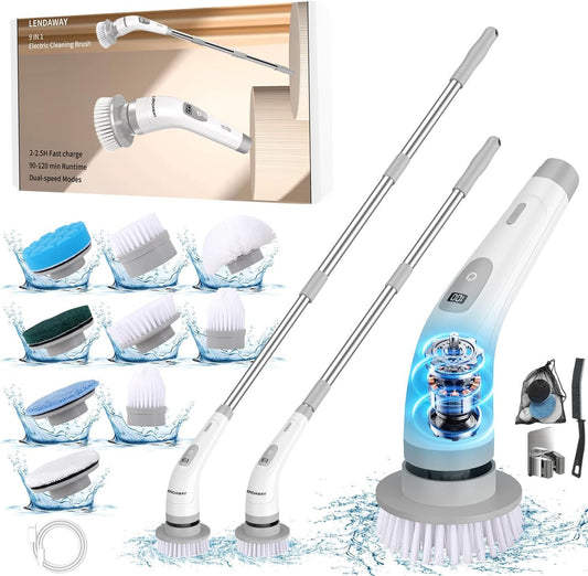 LENDAWAY 9-in-1 Multi-Purpose Electric Spin Scrubber,2 Speeds,Long Handle,Replaceable Brush Heads,for Cleaning Floors, Windows, Bathtubs, Grout, Tiles, Sink, Car (Greywhite)