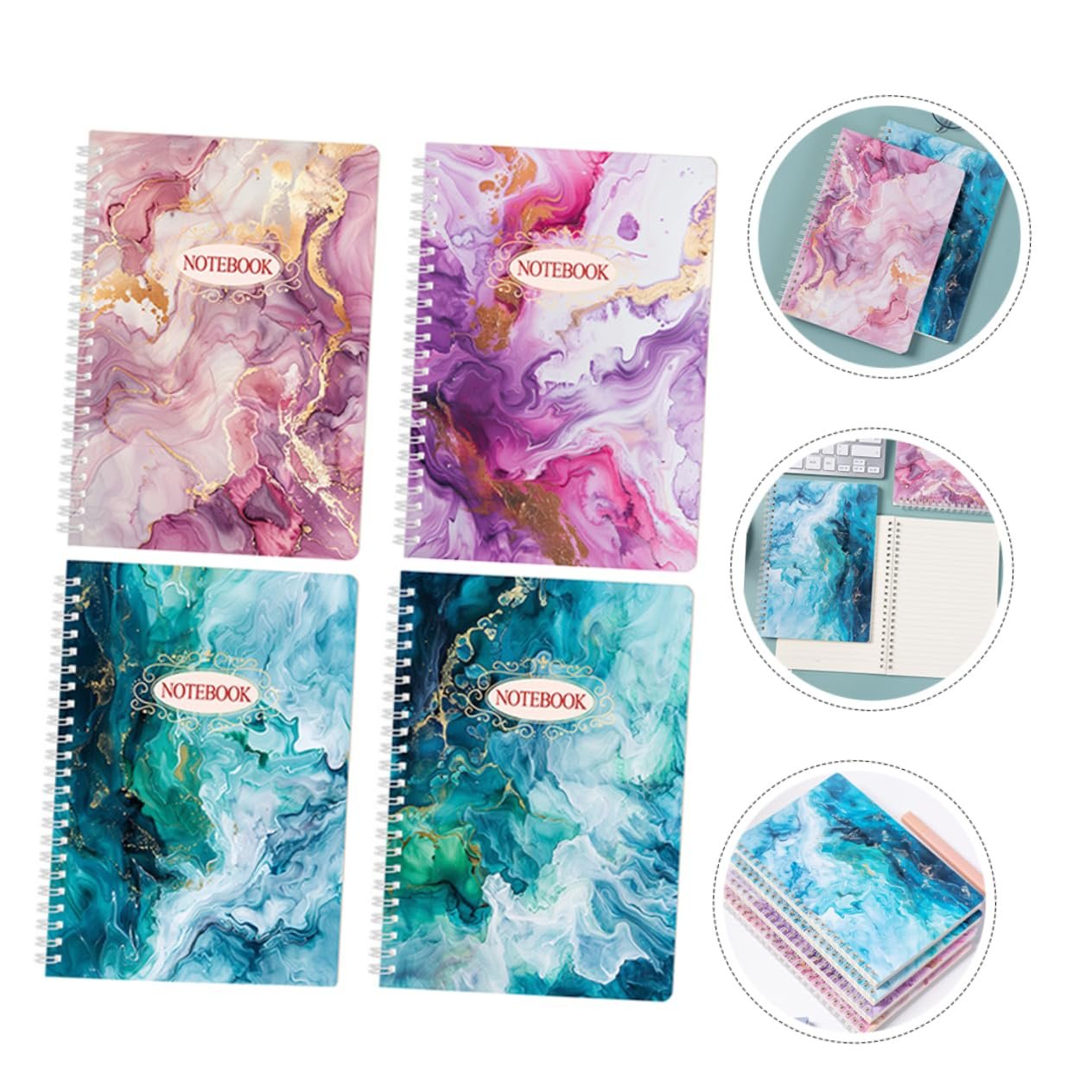 FONDOTIN 4pcs Spiral Planner Notebooks with Marble Design Pages Each Stylish College Ruled Notepad for Office School Supplies Durable Coil Binding Elegant Note Taking