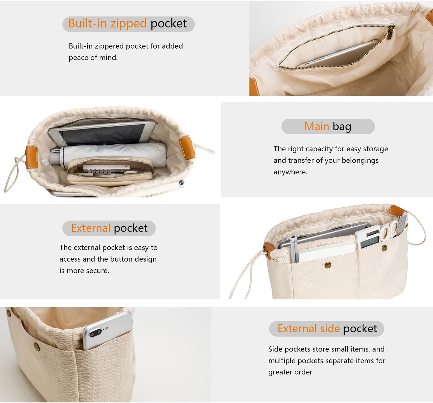 YONBEN Insert Organizer Bag - Tote Bag Organizer for Purse Organizer Insert for Small、middle and Large Totes - Drawstring Canvas - Perfect for Purse Organization - Cotton Canvas Pouches