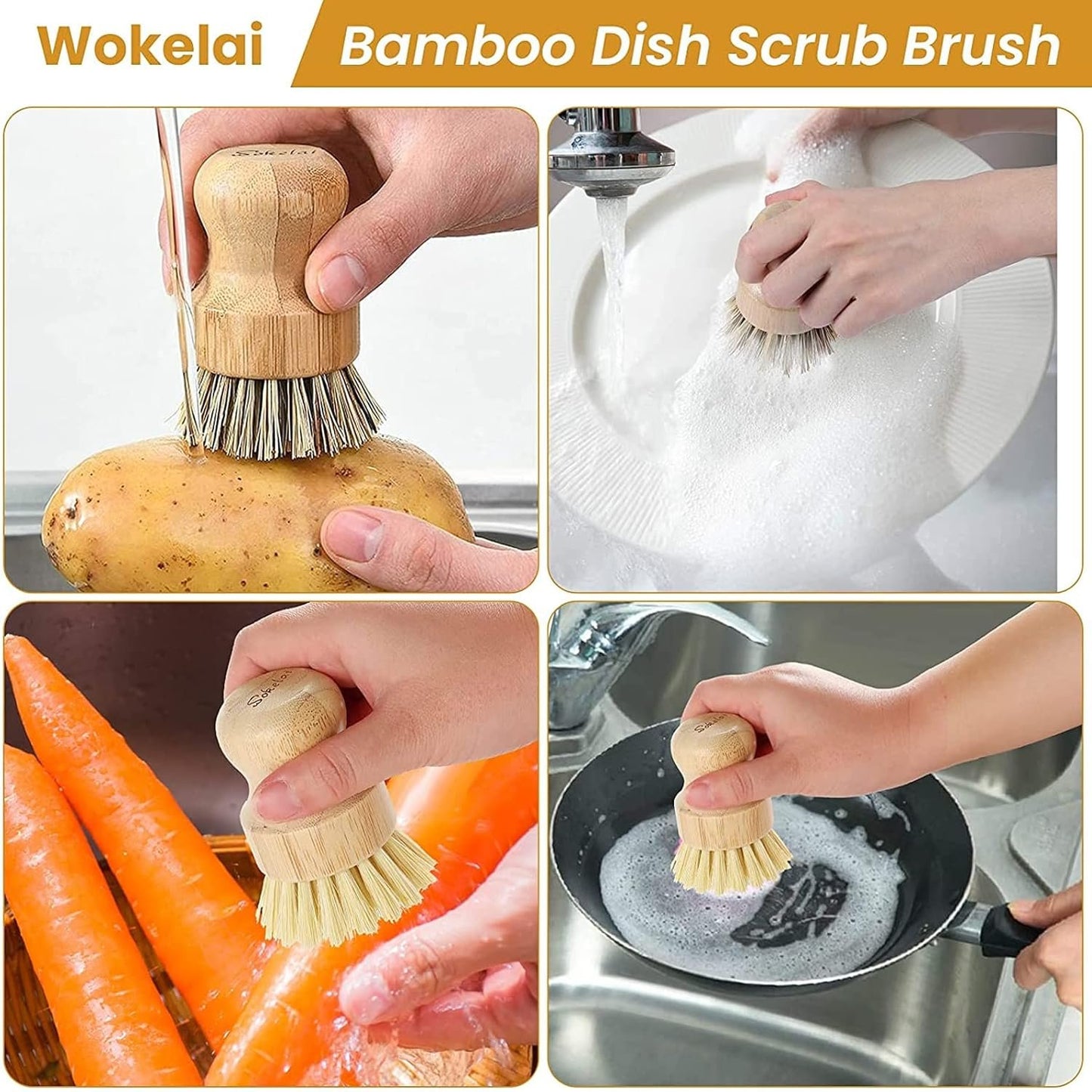 4 Pieces Bamboo Scrub Brush Eco-Friendly Kitchen Cleaning Brush Set Mini Pot Brush Natural Bamboo Dish Scrubber with Bamboo Handle for Kitchen Cleaning Dishes Pots Pans