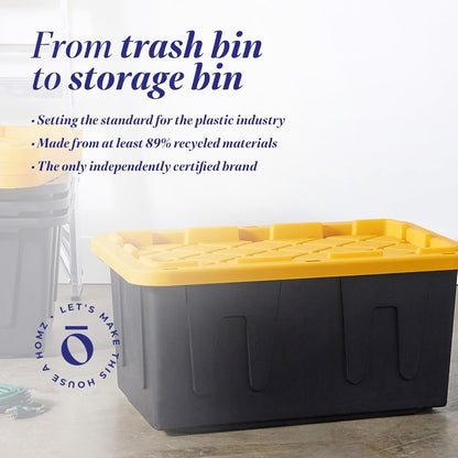 HOMZ 2-Pack Durabilt, Heavy Duty Plastic Storage Bins with Lids, 27 Gallon, Black/Yellow - Stackable Container Boxes for Home, Attic, and Garage Organization