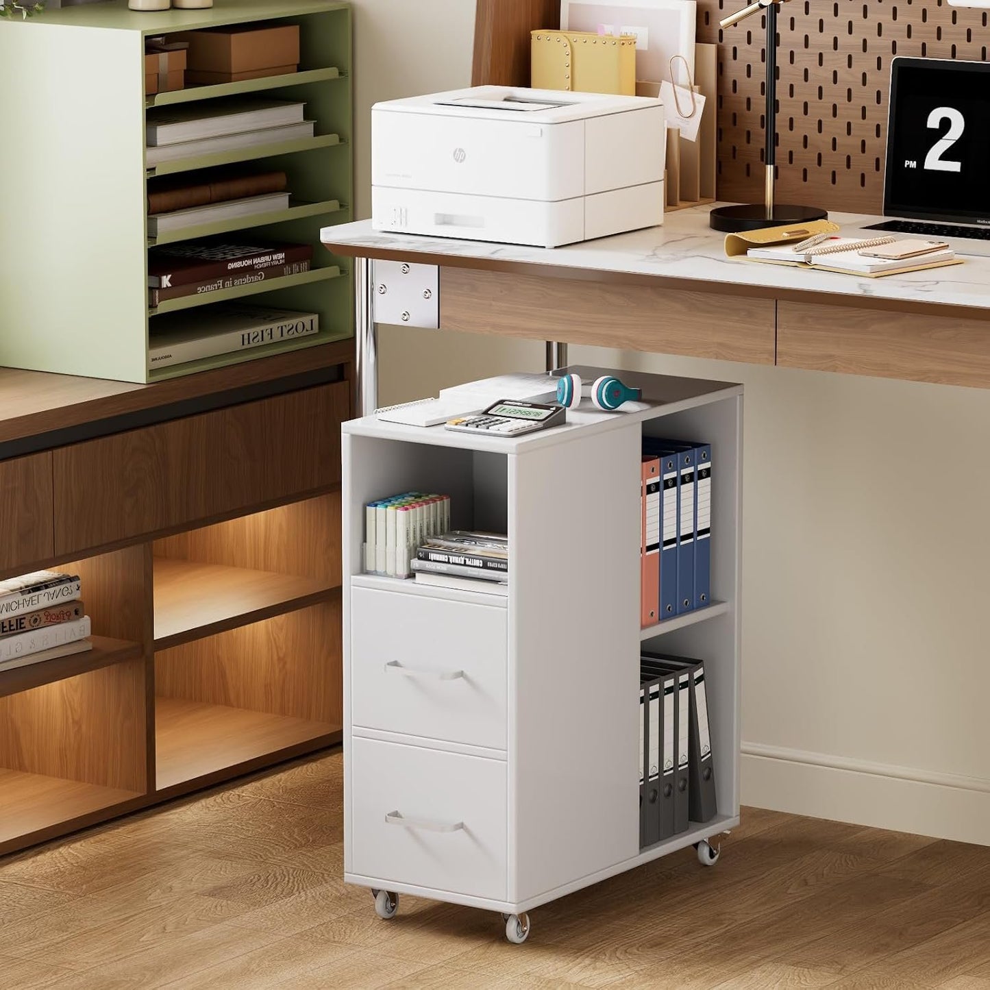 BBTEQEKN 2 Drawer Filing Cabinet with Open Storage Shelf and 2 Lockable Drawers, Mobile Lateral Filing Cabinet, for A4/Letter/Legal Size File, White