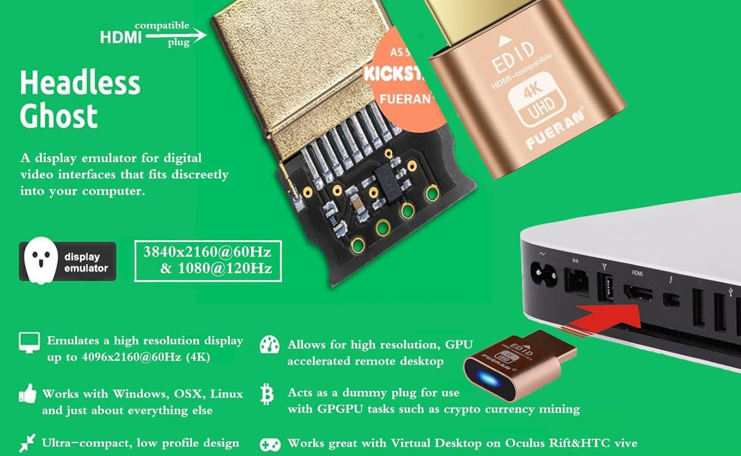 FUERAN 2K 4K 8K HDMI Dummy Plug-Virtual Monitor Display Emulator Headless Adapter 3840x2160@60Hz 1080@120hz DVI EDID Emulator (4K-1080@60-3840x2160@60 HDR) (4K-3P-Normale Version)