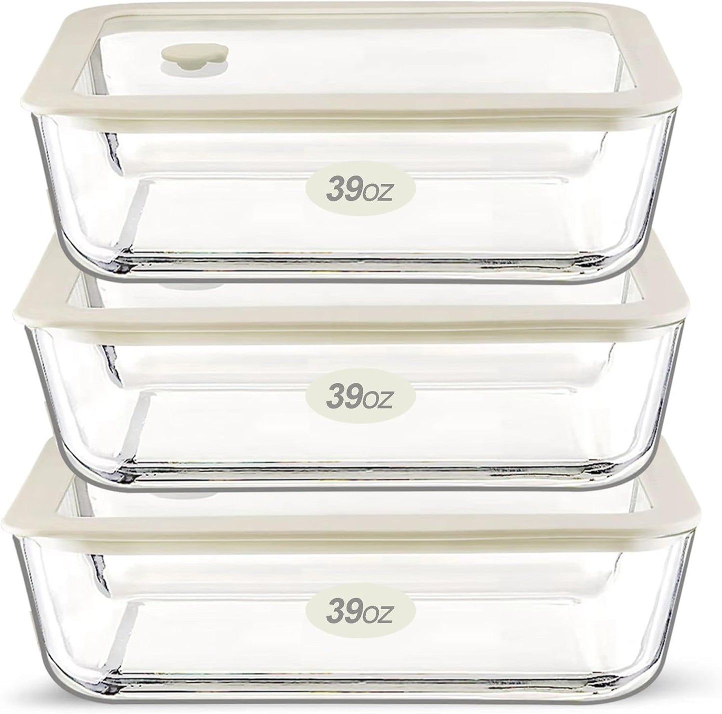 Urban Green Glass Food Storage Container Sets with Glass Lids, 3 Pack, Meal Prep Food Containers with Airtight Lids, Microwave Safe, Oven Safe, LeakProof, 100% Plastic Free, (White Color)