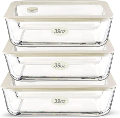 Urban Green Glass Food Storage Container Sets with Glass Lids, 3 Pack, Meal Prep Food Containers with Airtight Lids, Microwave Safe, Oven Safe, LeakProof, 100% Plastic Free, (White Color)