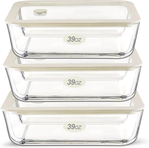 Urban Green Glass Food Storage Container Sets with Glass Lids, 3 Pack, Meal Prep Food Containers with Airtight Lids, Microwave Safe, Oven Safe, LeakProof, 100% Plastic Free, (White Color)