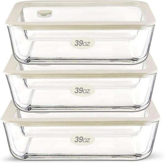Urban Green Glass Food Storage Container Sets with Glass Lids, 3 Pack, Meal Prep Food Containers with Airtight Lids, Microwave Safe, Oven Safe, LeakProof, 100% Plastic Free, (White Color)