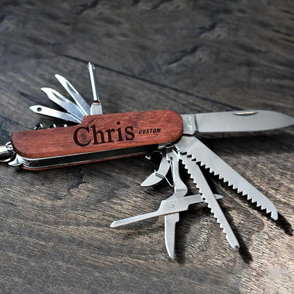 Bireviy Custom Name Multi-Tool Pocket Knife, Engraved Name Text Folding Knife Personalized Multi Function Mini Knives Wooden Handle for Birthday Gifts, Camping, and Everyday Use