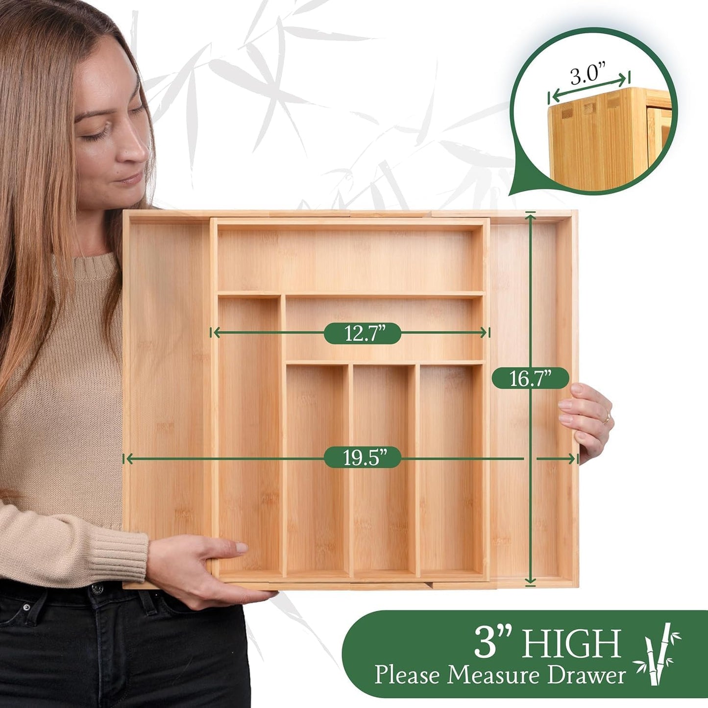 Utensil Drawer Organizer - 3" Deep 100% Bamboo Wooden Expandable Adjustable Kitchen Silverware Flatware Cutlery and Accessories Home Pantry Storage Organization Tray with Magnetic Lock