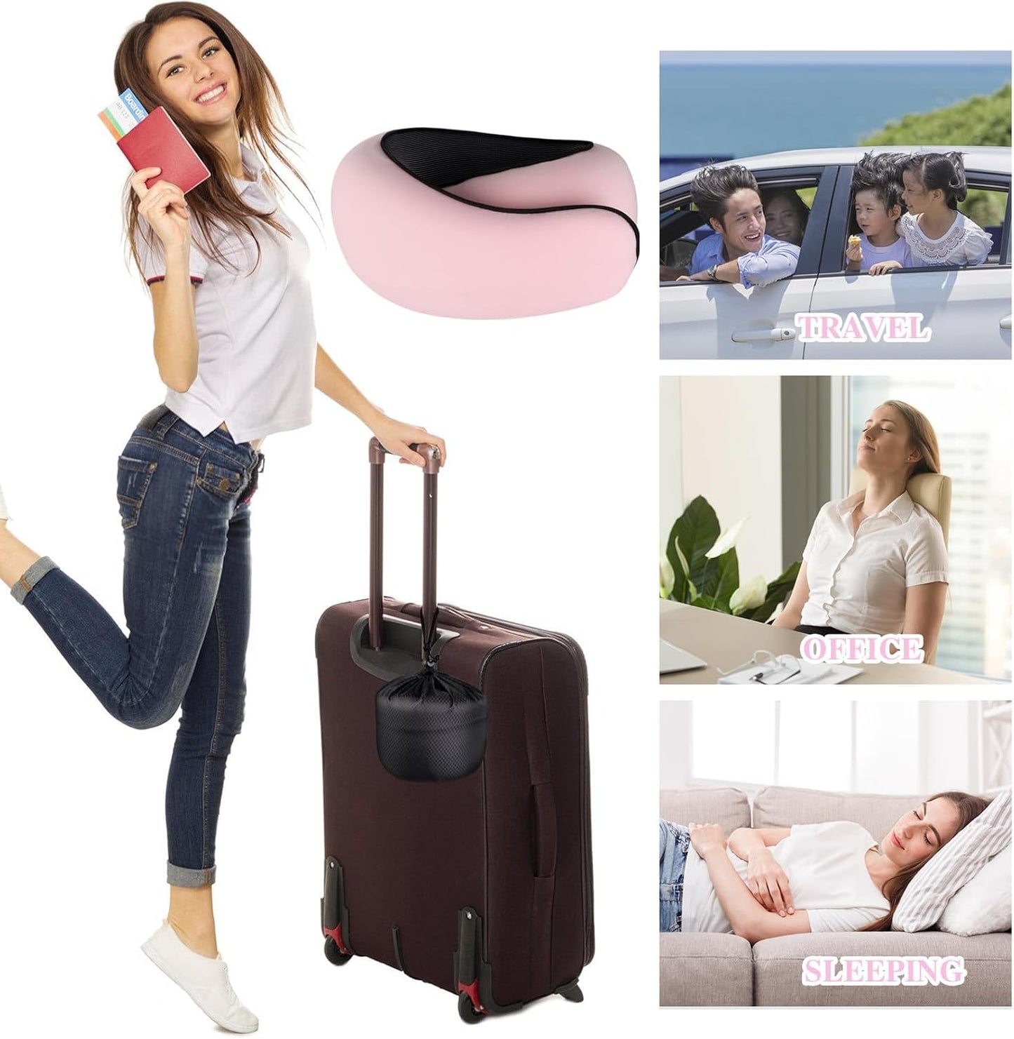Neck Pillow Travel Pillows 100% Pure Memory Foam Neck Pillow, Comfortable & Breathable Cover, Airplane Travel Kit with 3D Contoured Eye Masks, Earplugs, for Airplane, Cars, Office Pillow (Pink)