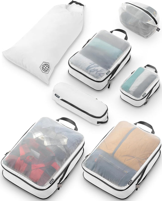 Large Packing Cube Set with See Through Mesh- Compression Packing Cubes Travel Organizers (White)