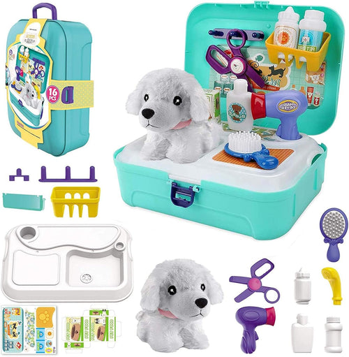 TEUVO Pet Care Play Set Pretend Play Vet Kit for Kids, 16Pcs Doctor Pretend Play Vet Dog Grooming Toys Puppy Dog Carrier Feeding Dog Educational Backpack Gifts for Girls Boys 3-7 Years Old