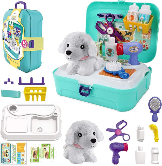 TEUVO Pet Care Play Set Pretend Play Vet Kit for Kids, 16Pcs Doctor Pretend Play Vet Dog Grooming Toys Puppy Dog Carrier Feeding Dog Educational Backpack Gifts for Girls Boys 3-7 Years Old