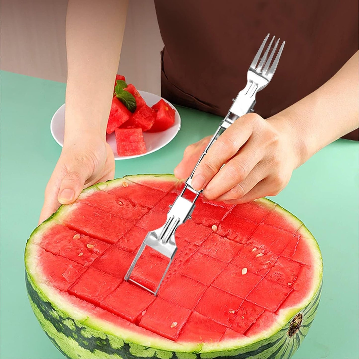 SHZONS Watermelon Fork,Watermelon Slicer Cutter Tool - Lightweight Stainless Steel 2-in-1 Splitters Easy-to-Use Rust-Proof for Cantaloupe Salad Meal Prep Kitchen Picnic Snacks