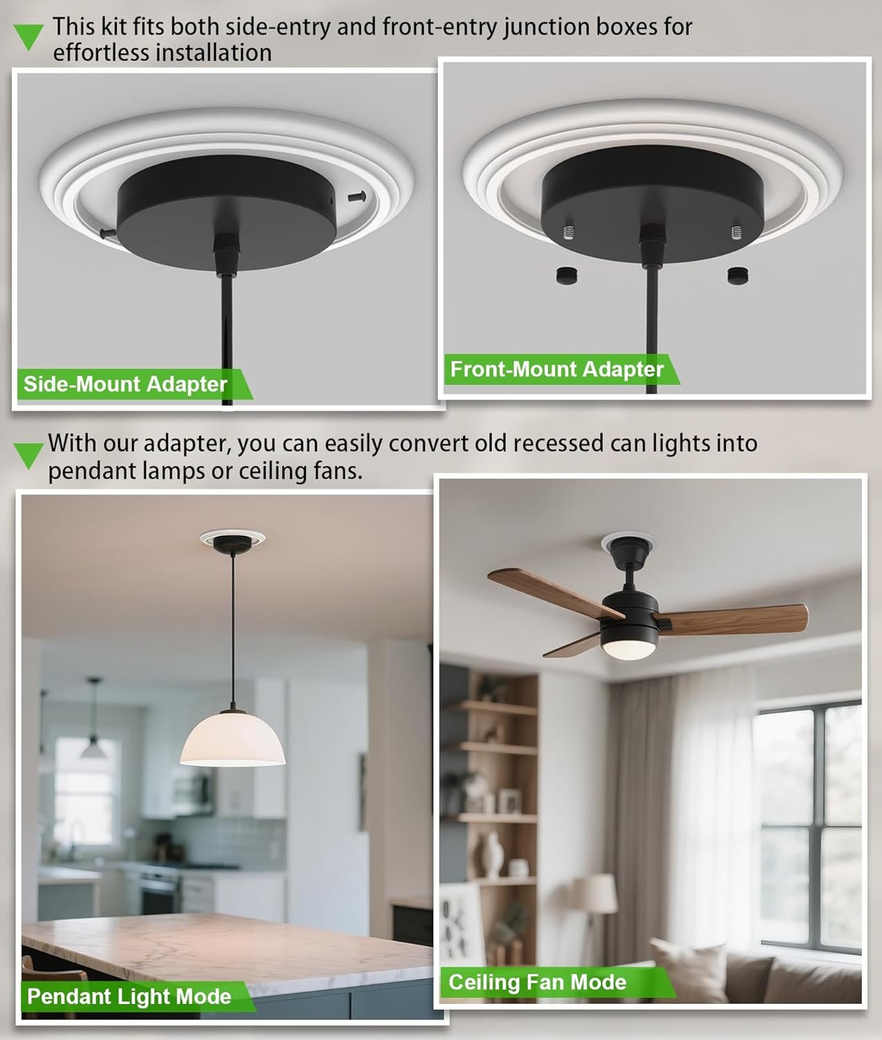 tebio R5 and R6 Recessed Can Light Conversion Kit, Light Fixture Upgrade, Pendant Light, Fan Compatible, Includes 7¾ Inch Decorative Plastic Medallion, White Finish